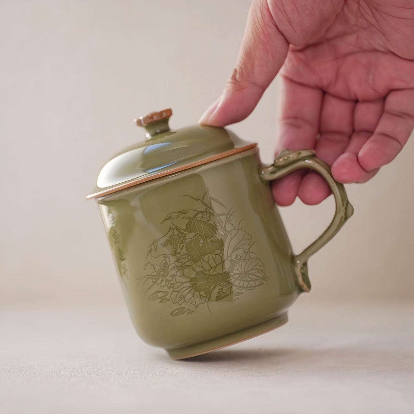 Customizable Longquan Celadon Lotus Mug, Handmade Green Ceramic Tea Cup, Zen-Inspired Traditional Chinese Art Gift