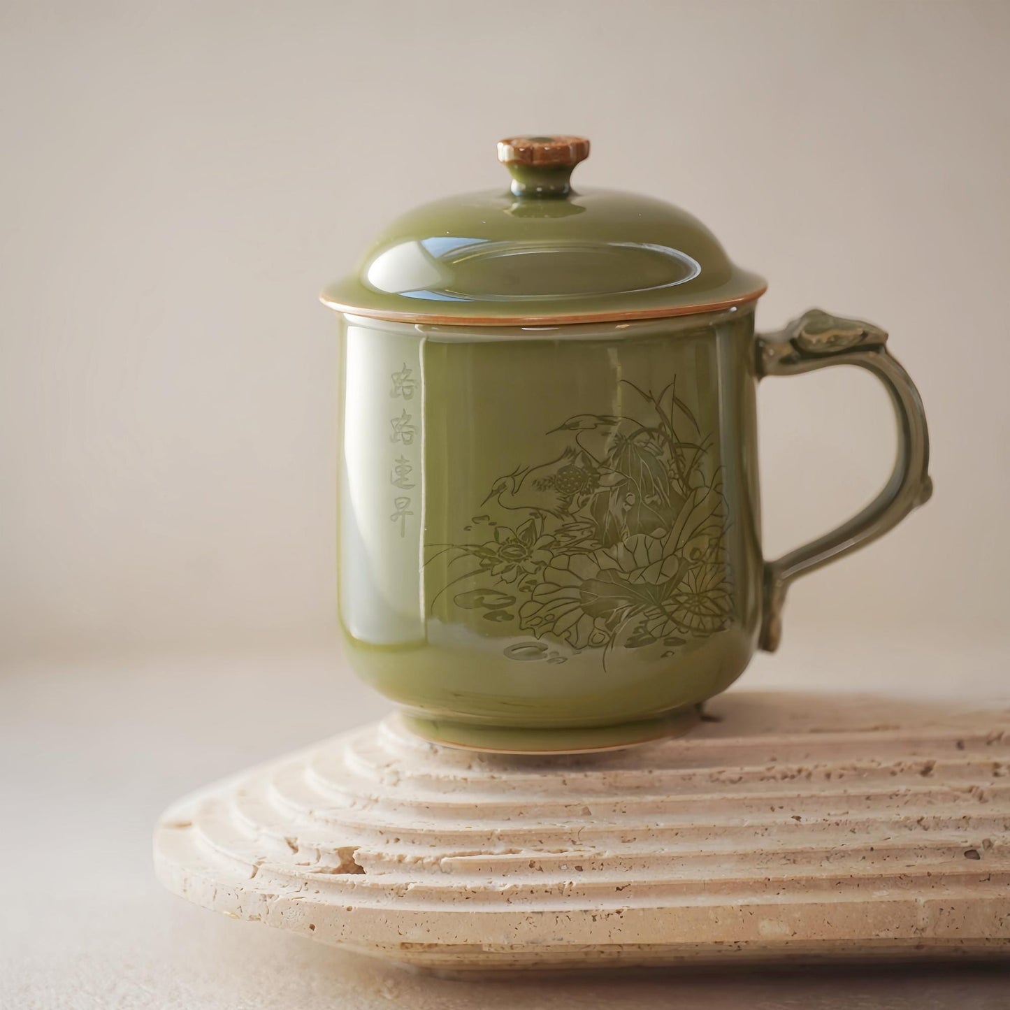 Customizable Longquan Celadon Lotus Mug, Handmade Green Ceramic Tea Cup, Zen-Inspired Traditional Chinese Art Gift