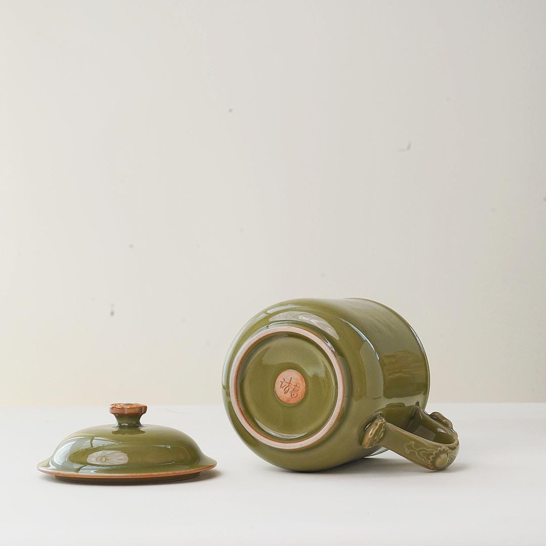 Customizable Longquan Celadon Lotus Mug, Handmade Green Ceramic Tea Cup, Zen-Inspired Traditional Chinese Art Gift