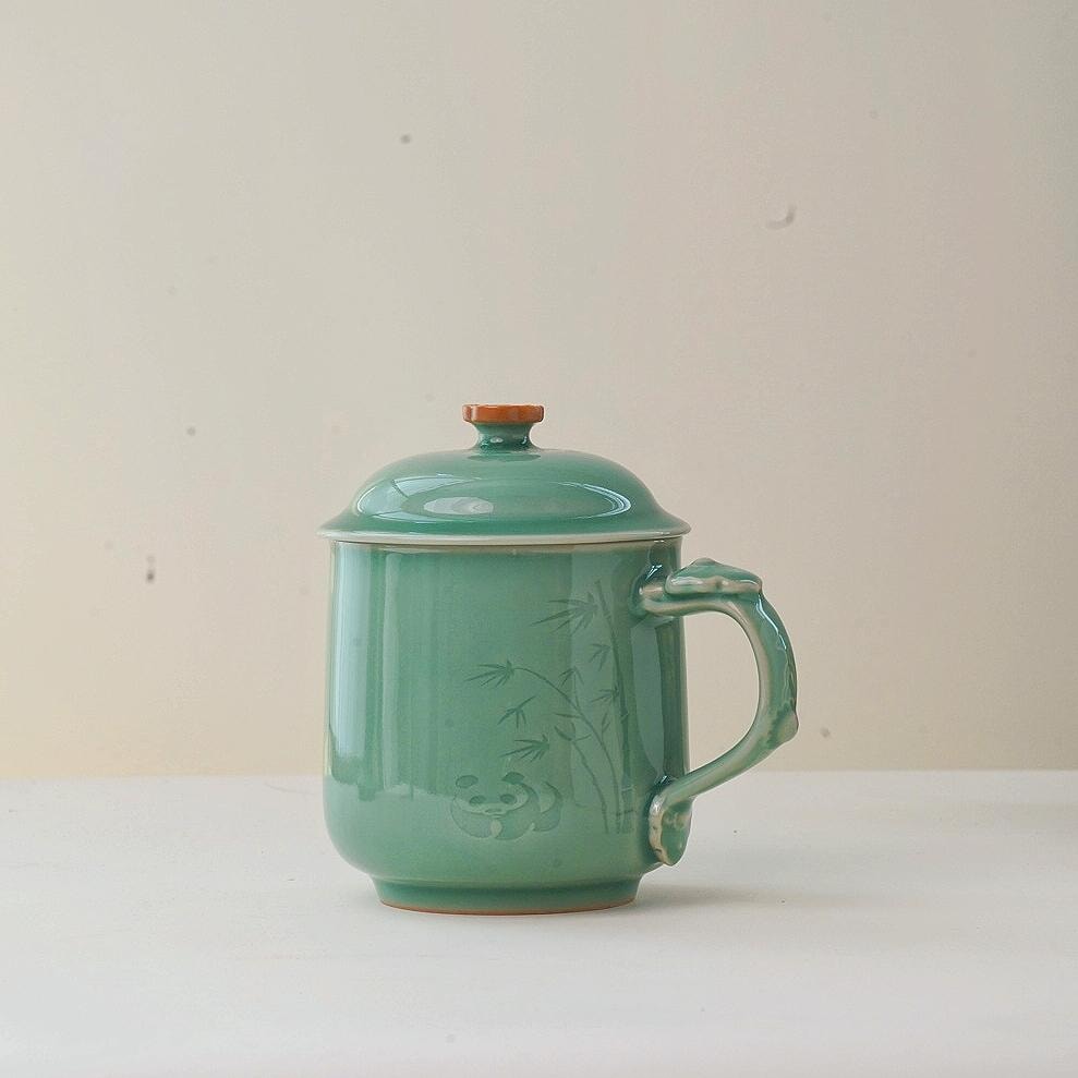 LONGQUAN CELADON Customizable Zen Panda Bamboo Mug | 400ml Handmade Tea Cup with Custom Engraving | Minimalist Chinese Traditional Art Gift