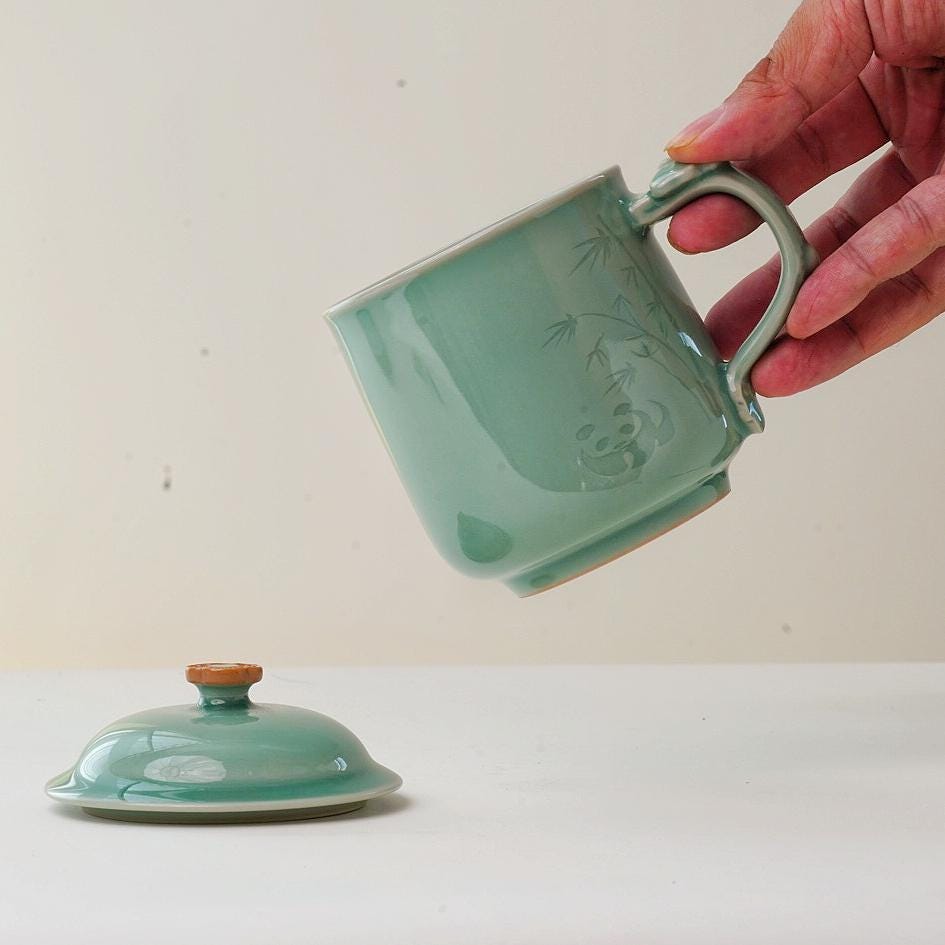 LONGQUAN CELADON Customizable Zen Panda Bamboo Mug | 400ml Handmade Tea Cup with Custom Engraving | Minimalist Chinese Traditional Art Gift