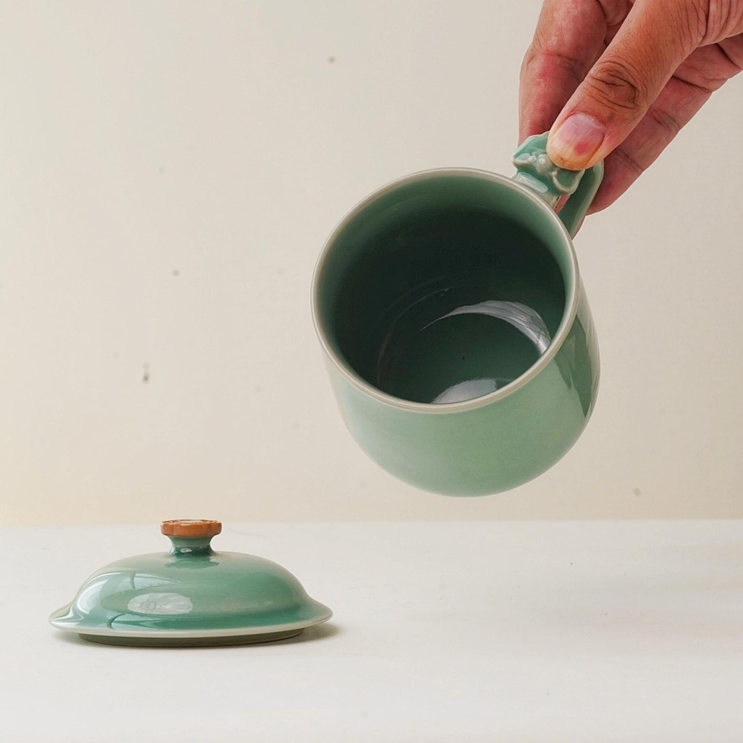 LONGQUAN CELADON Customizable Zen Panda Bamboo Mug | 400ml Handmade Tea Cup with Custom Engraving | Minimalist Chinese Traditional Art Gift