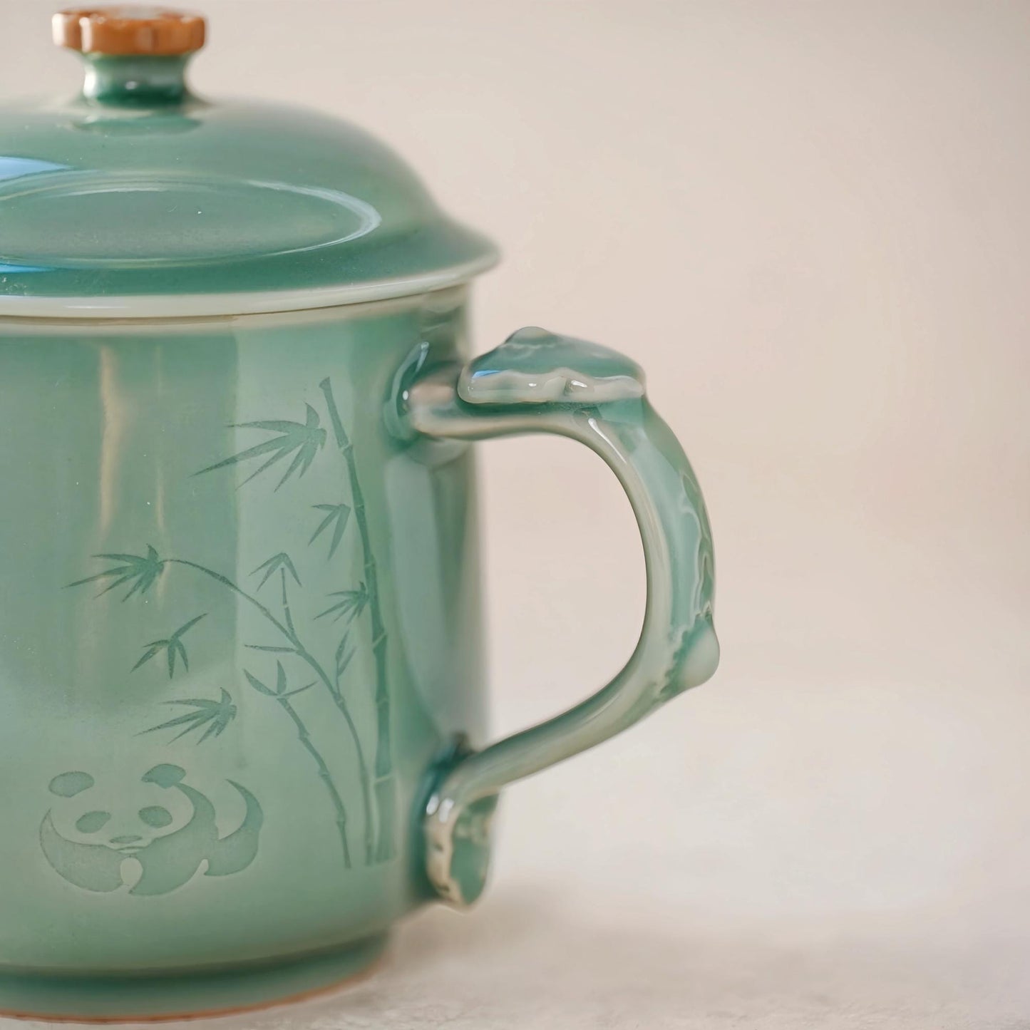 LONGQUAN CELADON Customizable Zen Panda Bamboo Mug | 400ml Handmade Tea Cup with Custom Engraving | Minimalist Chinese Traditional Art Gift