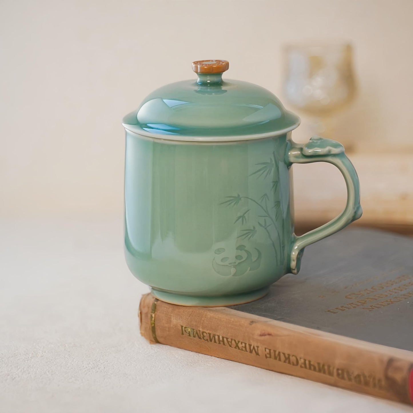 LONGQUAN CELADON Customizable Zen Panda Bamboo Mug | 400ml Handmade Tea Cup with Custom Engraving | Minimalist Chinese Traditional Art Gift