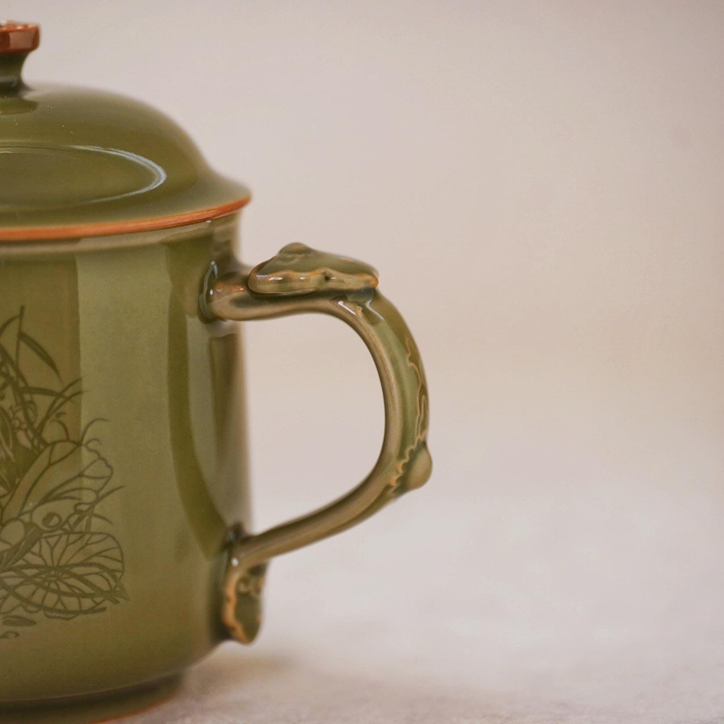 Customizable Longquan Celadon Lotus Mug, Handmade Green Ceramic Tea Cup, Zen-Inspired Traditional Chinese Art Gift