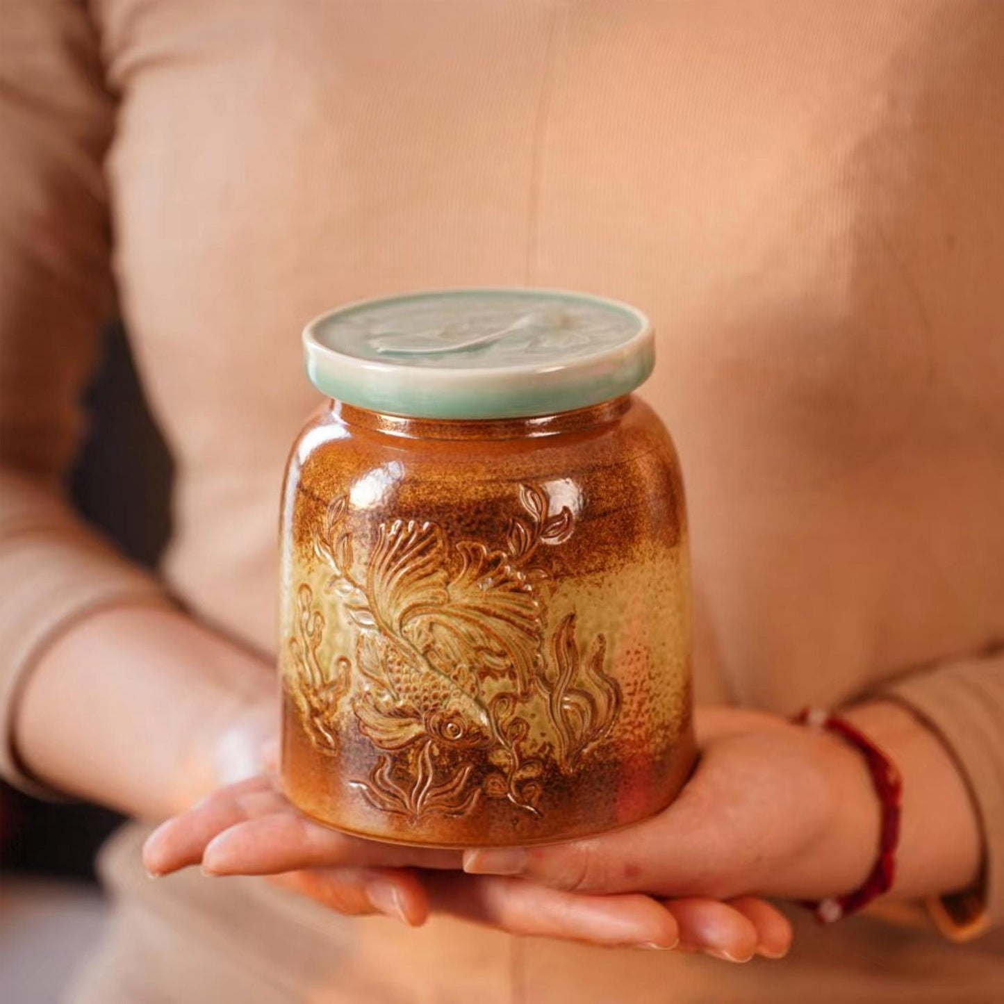 Tea Jar | Handcrafted Chinese Porcelain | Fish Carving Storage Jar | 700ML Artisan Ceramic Canister | Gift for Collectors