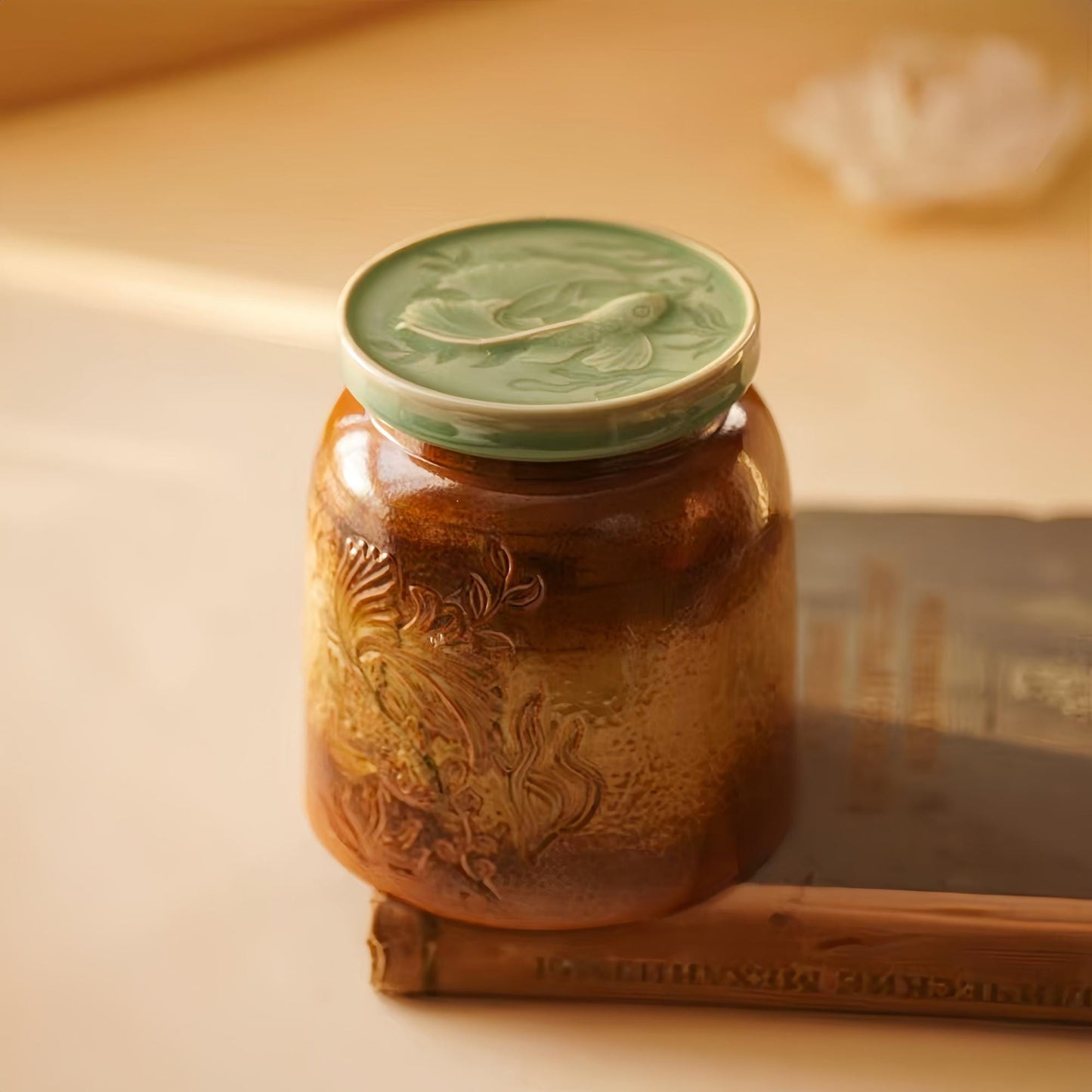 Tea Jar | Handcrafted Chinese Porcelain | Fish Carving Storage Jar | 700ML Artisan Ceramic Canister | Gift for Collectors