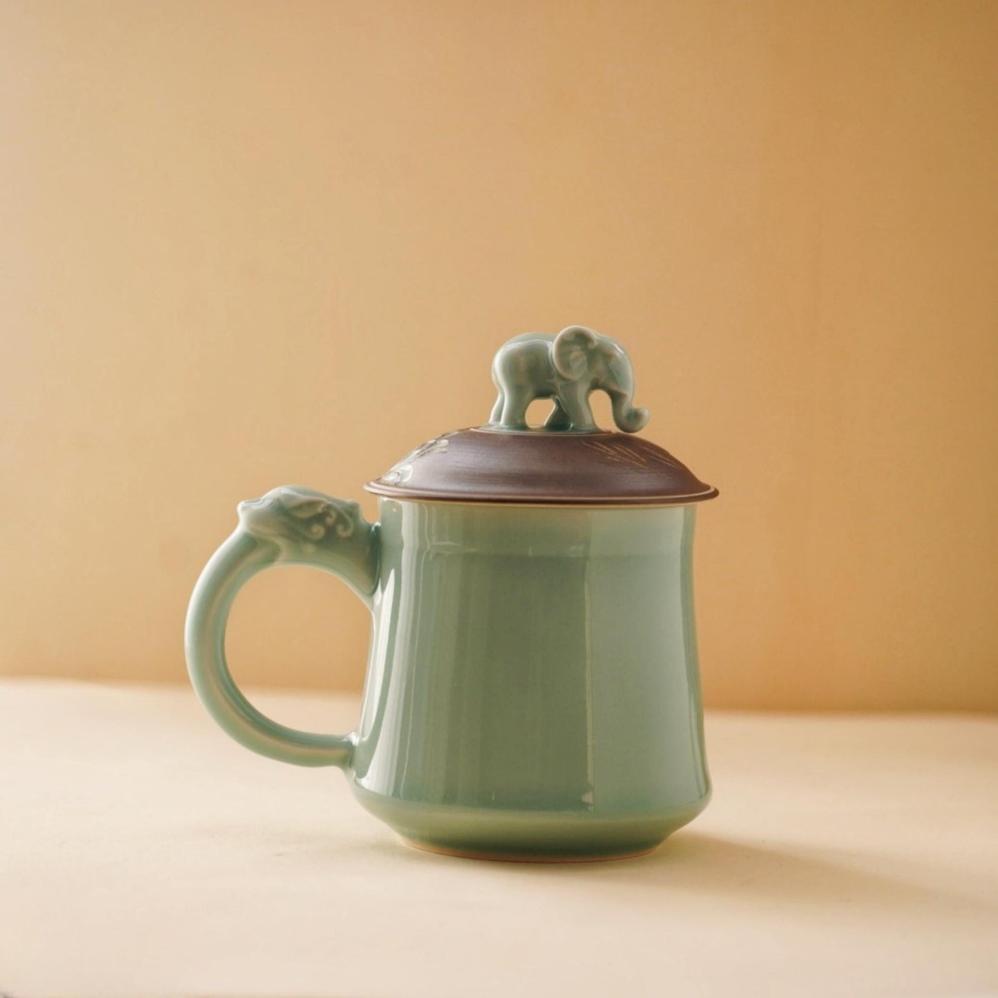 Elephant Mug |  Handcrafted Chinese Porcelain Cup | Tea Coffee Mug with Carved Elephant Lid | Unique Artisan Gift
