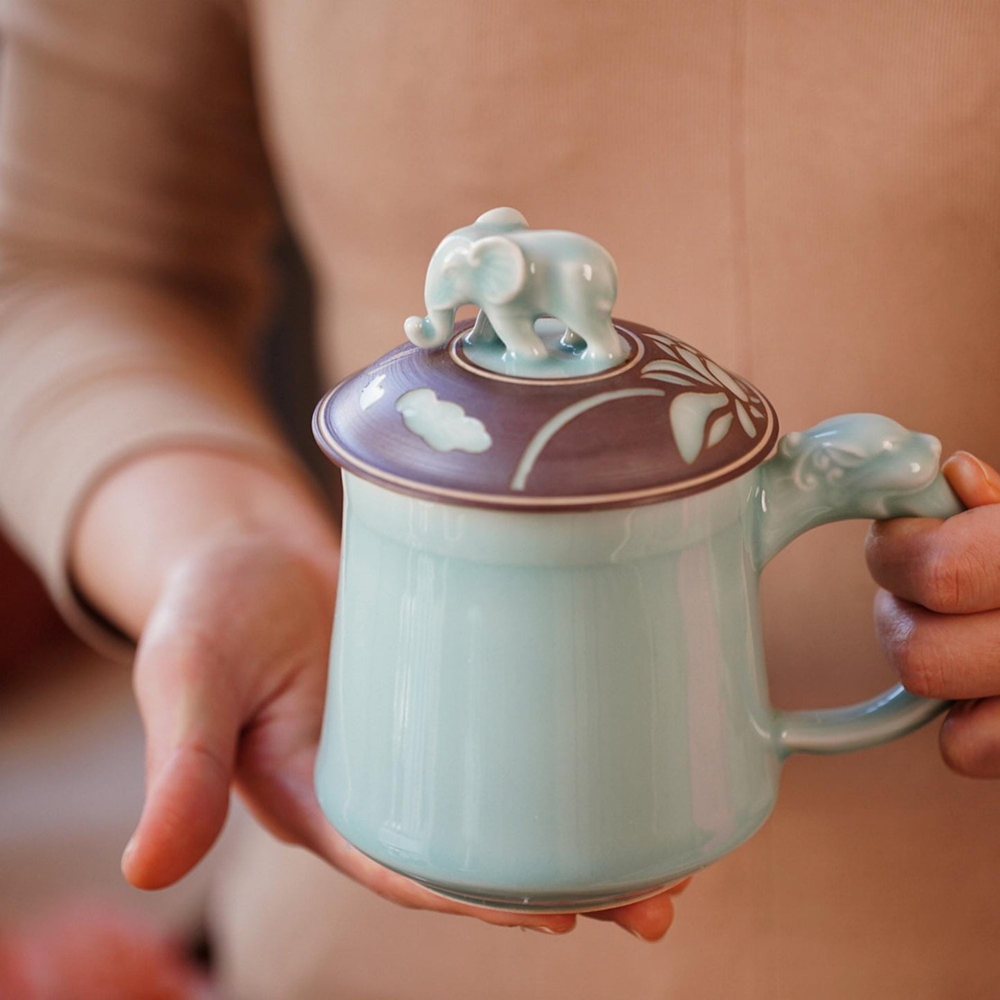 Elephant Mug |  Handcrafted Chinese Porcelain Cup | Tea Coffee Mug with Carved Elephant Lid | Unique Artisan Gift
