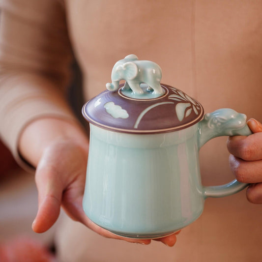 Elephant Mug |  Handcrafted Chinese Porcelain Cup | Tea Coffee Mug with Carved Elephant Lid | Unique Artisan Gift