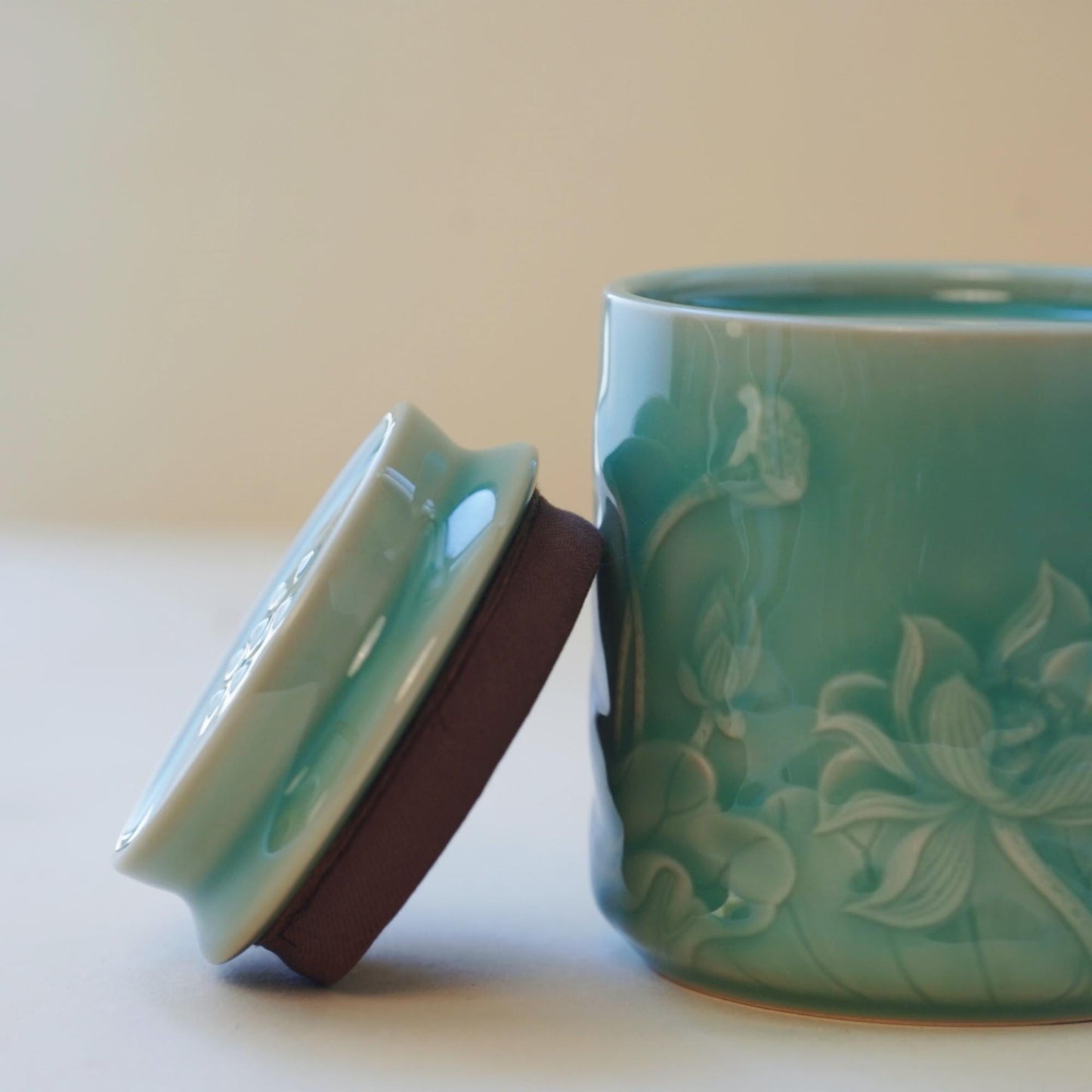 Lotus Tea Jar |  Handcrafted Chinese Porcelain Canister | Floral Carved Ceramic Jar | Artisan Gift for Tea Lovers