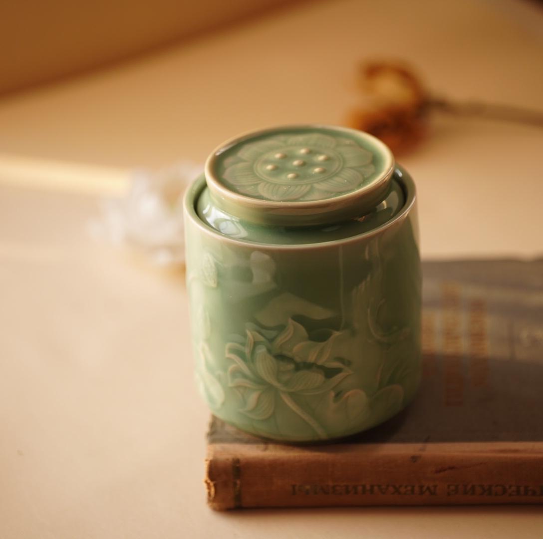 Lotus Tea Jar |  Handcrafted Chinese Porcelain Canister | Floral Carved Ceramic Jar | Artisan Gift for Tea Lovers