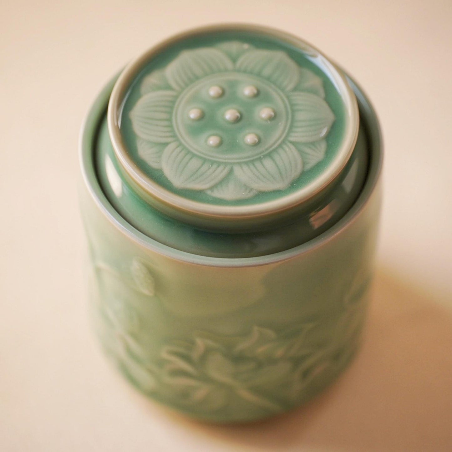 Lotus Tea Jar |  Handcrafted Chinese Porcelain Canister | Floral Carved Ceramic Jar | Artisan Gift for Tea Lovers