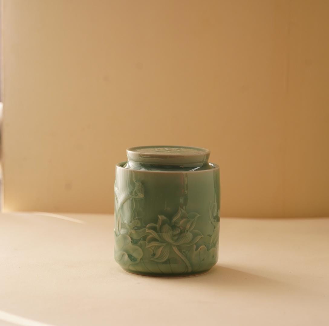 Lotus Tea Jar |  Handcrafted Chinese Porcelain Canister | Floral Carved Ceramic Jar | Artisan Gift for Tea Lovers