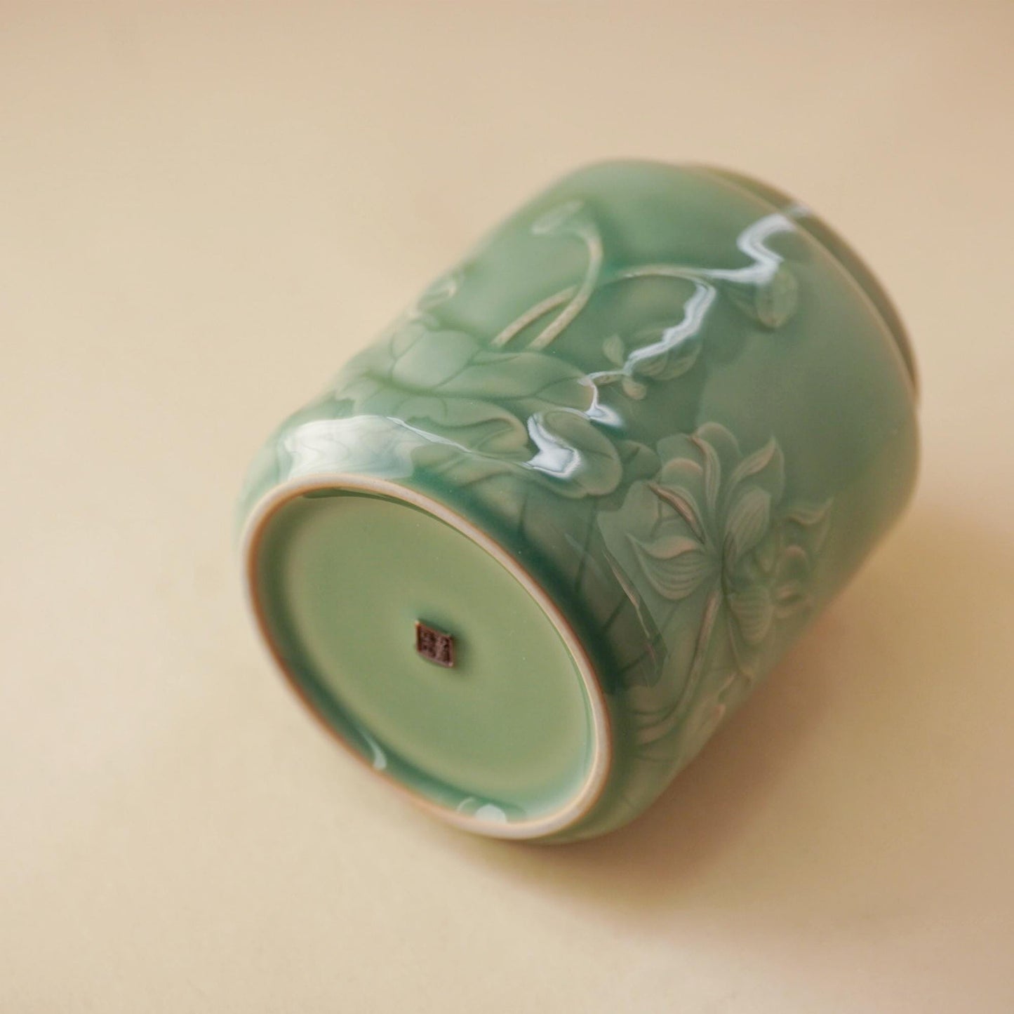 Lotus Tea Jar |  Handcrafted Chinese Porcelain Canister | Floral Carved Ceramic Jar | Artisan Gift for Tea Lovers