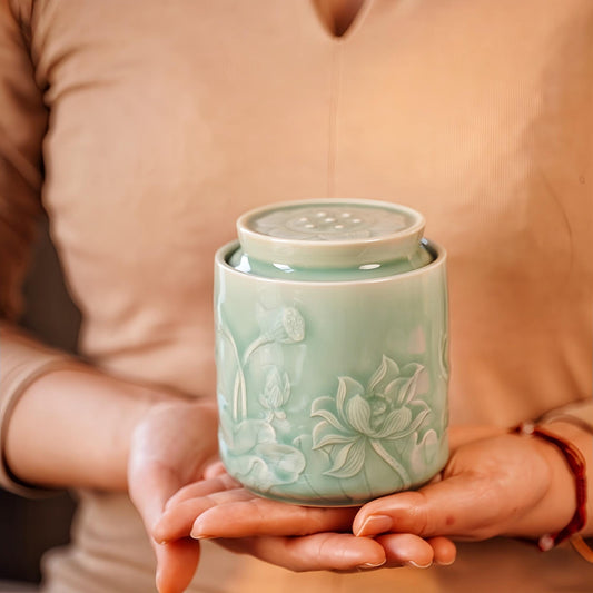 Lotus Tea Jar |  Handcrafted Chinese Porcelain Canister | Floral Carved Ceramic Jar | Artisan Gift for Tea Lovers
