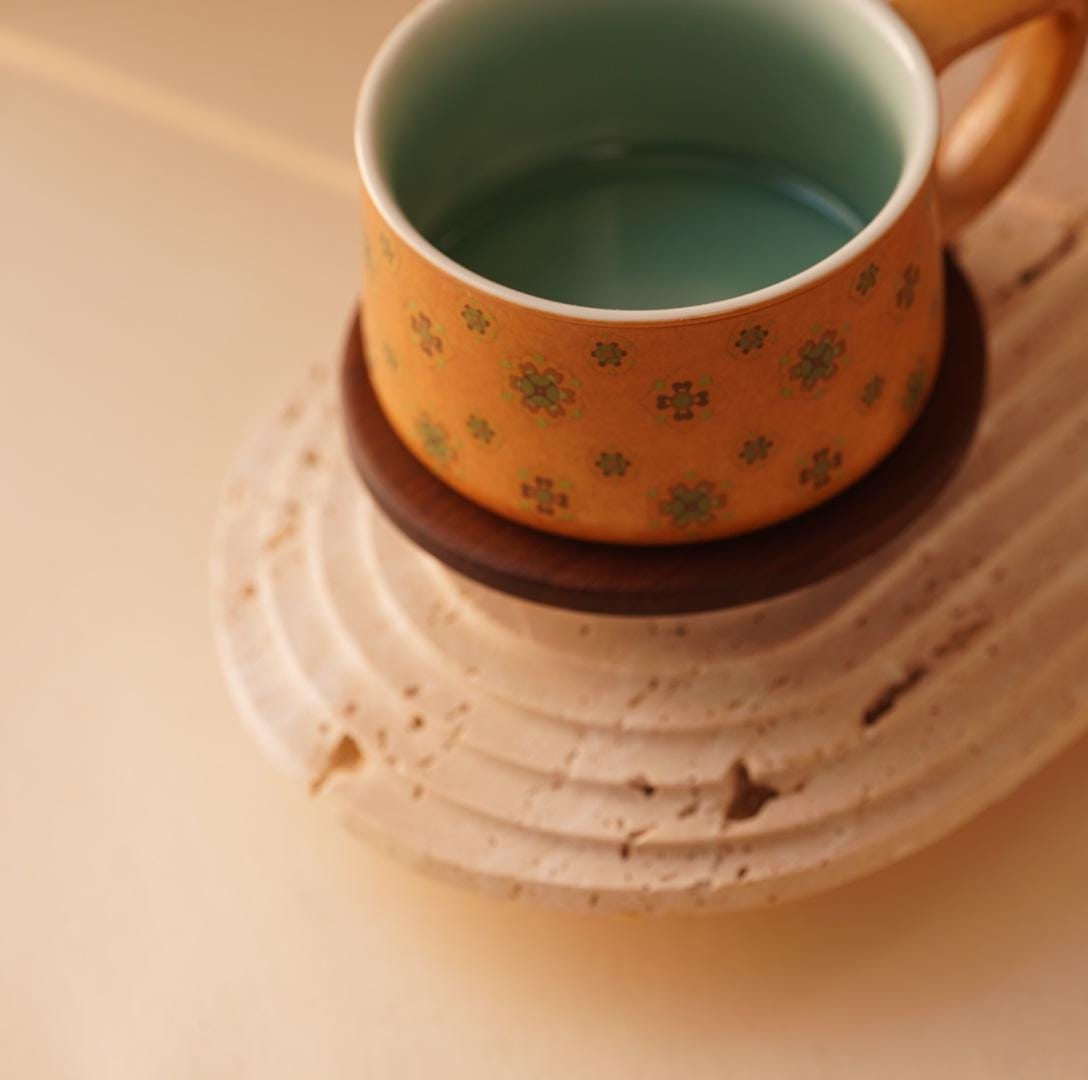 Handcrafted  Coffee Cup with Walnut Saucer – 5.4oz  Green Ceramic Mug – Chinese Artisan Tea Cup – Unique Gift for Coffee Lovers