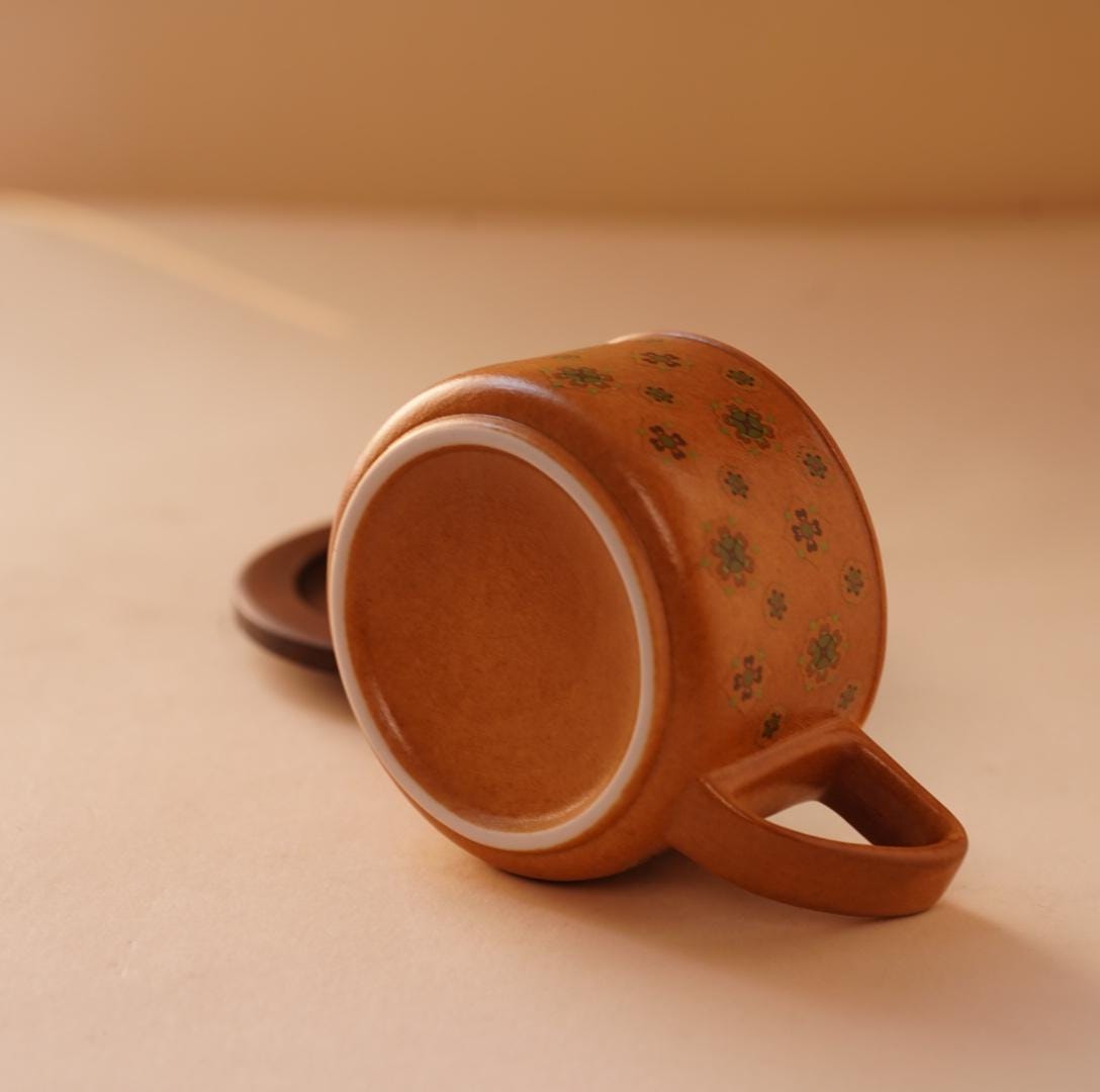 Handcrafted  Coffee Cup with Walnut Saucer – 5.4oz  Green Ceramic Mug – Chinese Artisan Tea Cup – Unique Gift for Coffee Lovers