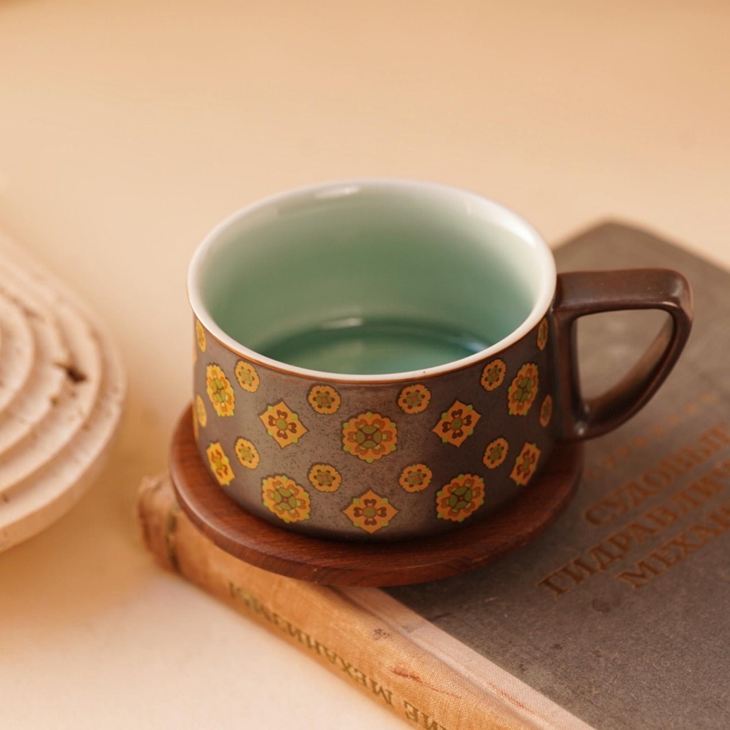 Handcrafted Ceramic Coffee Mug with Floral Pattern | 320ML Modern Rustic Tea Cup | Ceramic Mug with Wooden Coaster | Gift for Coffee Lovers
