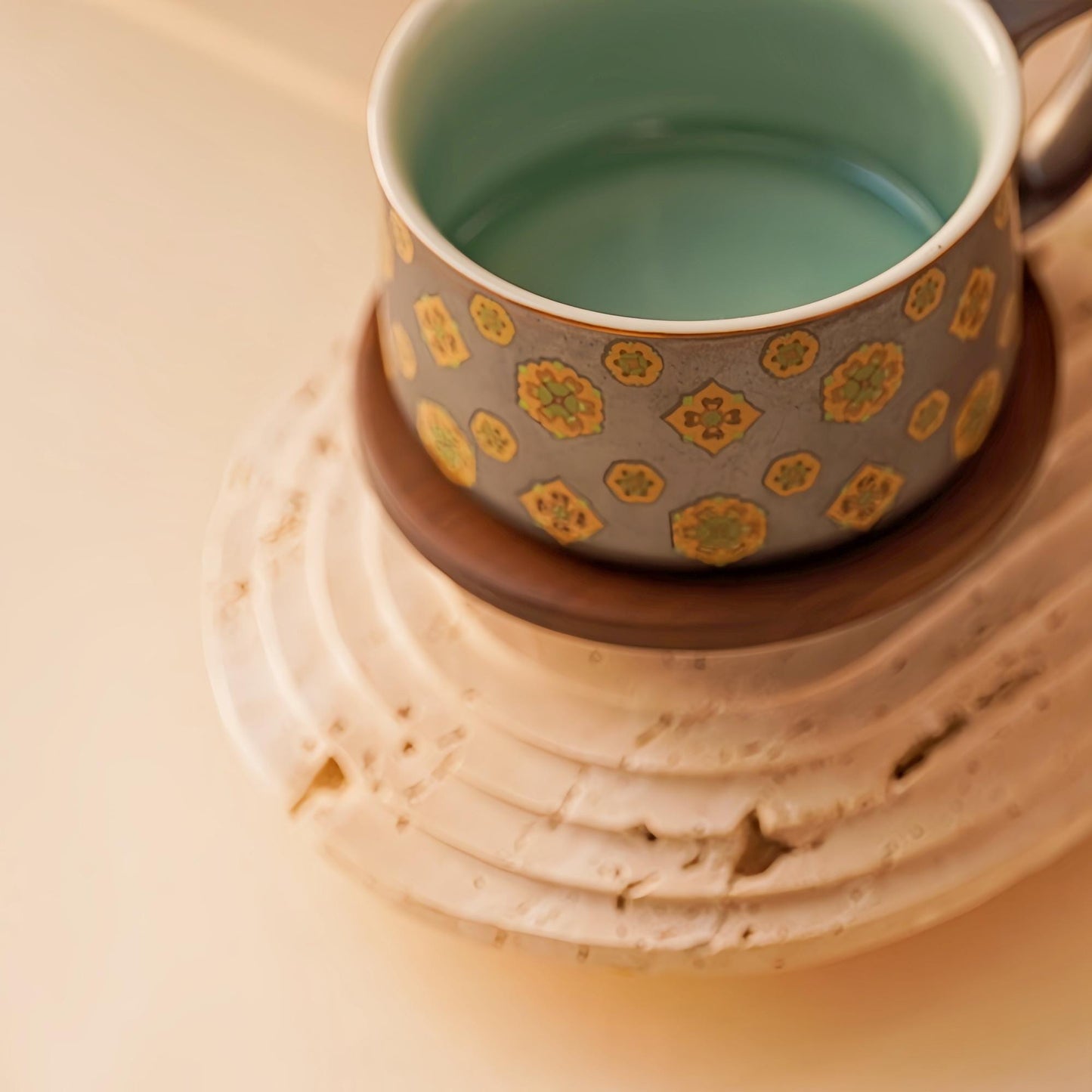 Handcrafted Ceramic Coffee Mug with Floral Pattern | 320ML Modern Rustic Tea Cup | Ceramic Mug with Wooden Coaster | Gift for Coffee Lovers