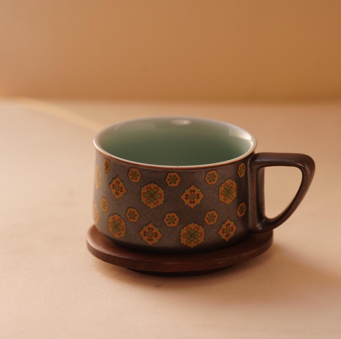 Handcrafted Ceramic Coffee Mug with Floral Pattern | 320ML Modern Rustic Tea Cup | Ceramic Mug with Wooden Coaster | Gift for Coffee Lovers