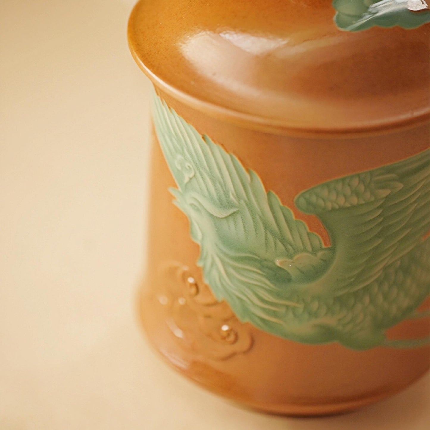 Phoenix Ceramic Mug | 10 OZ Handcrafted Longquan Celadon Cup | Chinese Porcelain Mug with Lid | Symbol of Rebirth | Unique Artisan Gift