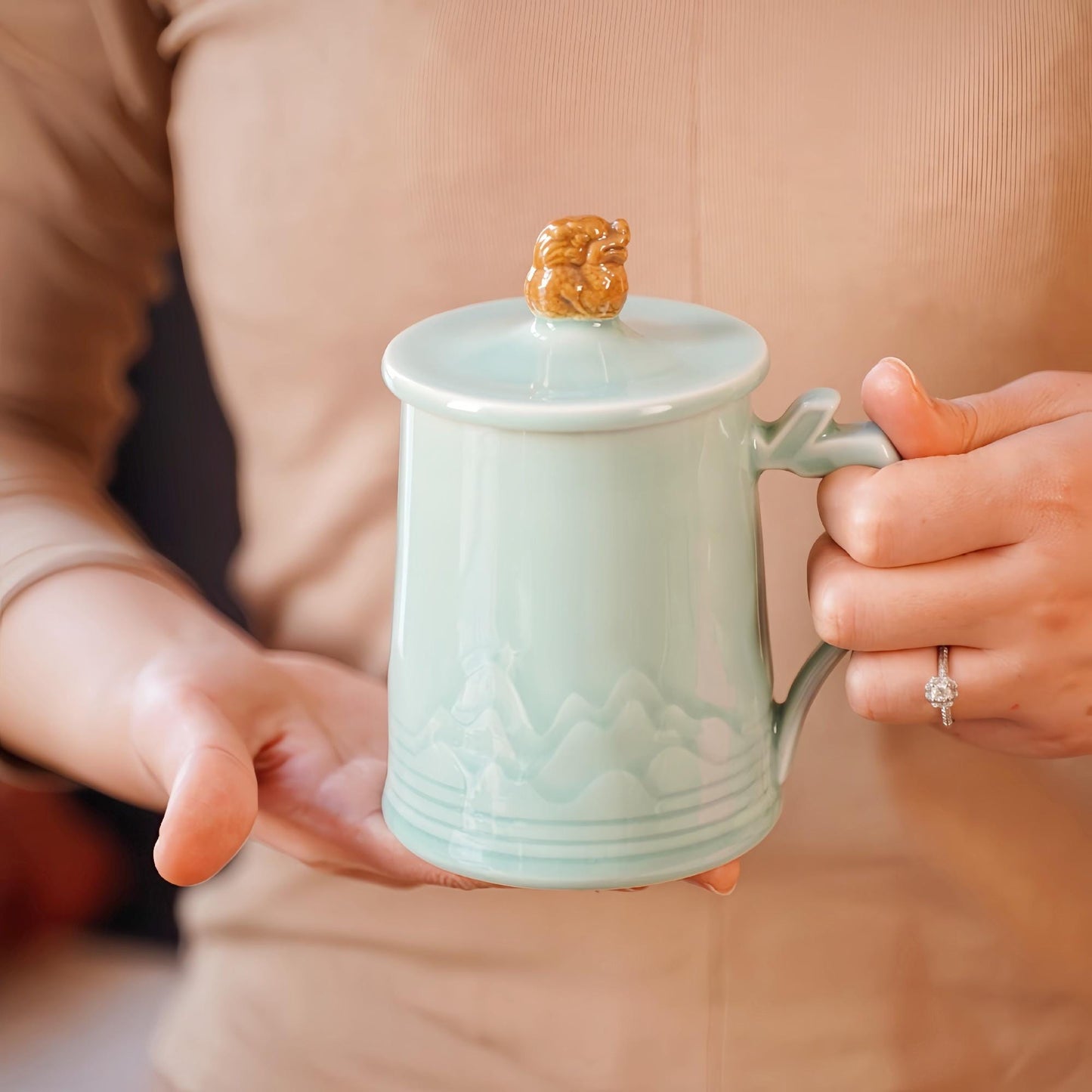 Pixiu Mug | 10 OZ Handcrafted Chinese Porcelain Cup | Tea Coffee Mug with Mythical Beast Lid | Unique Gift for Tea Lovers