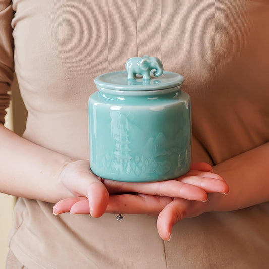 Tea Jar with Elephant Lid, Handcrafted Ceramic Storage Jar, 450ML West Lake Pagoda Design, Chinese Cultural Gift