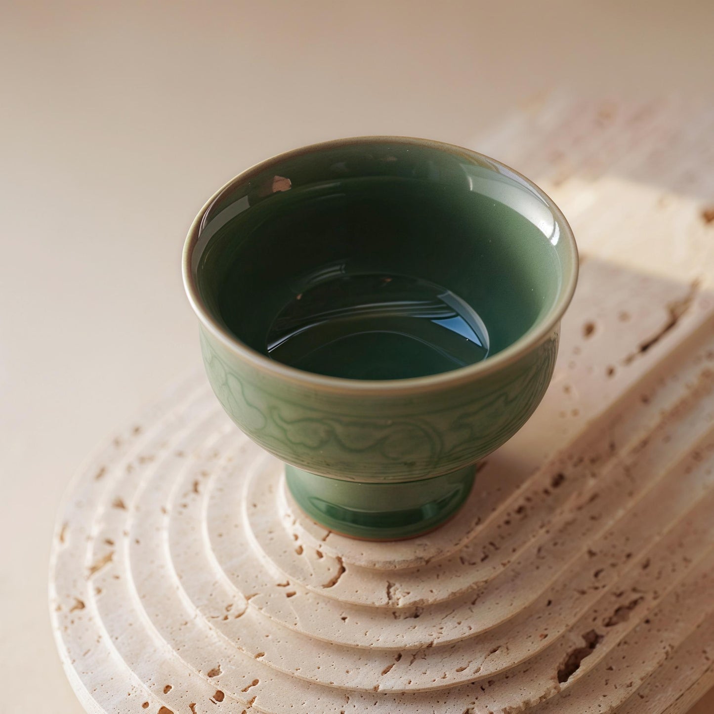 Handcrafted  Tea Cup | Chinese Porcelain Wine Chalice | Elegant 80ml Green Glazed Cup | Artisan Gift for Tea & Wine Lovers