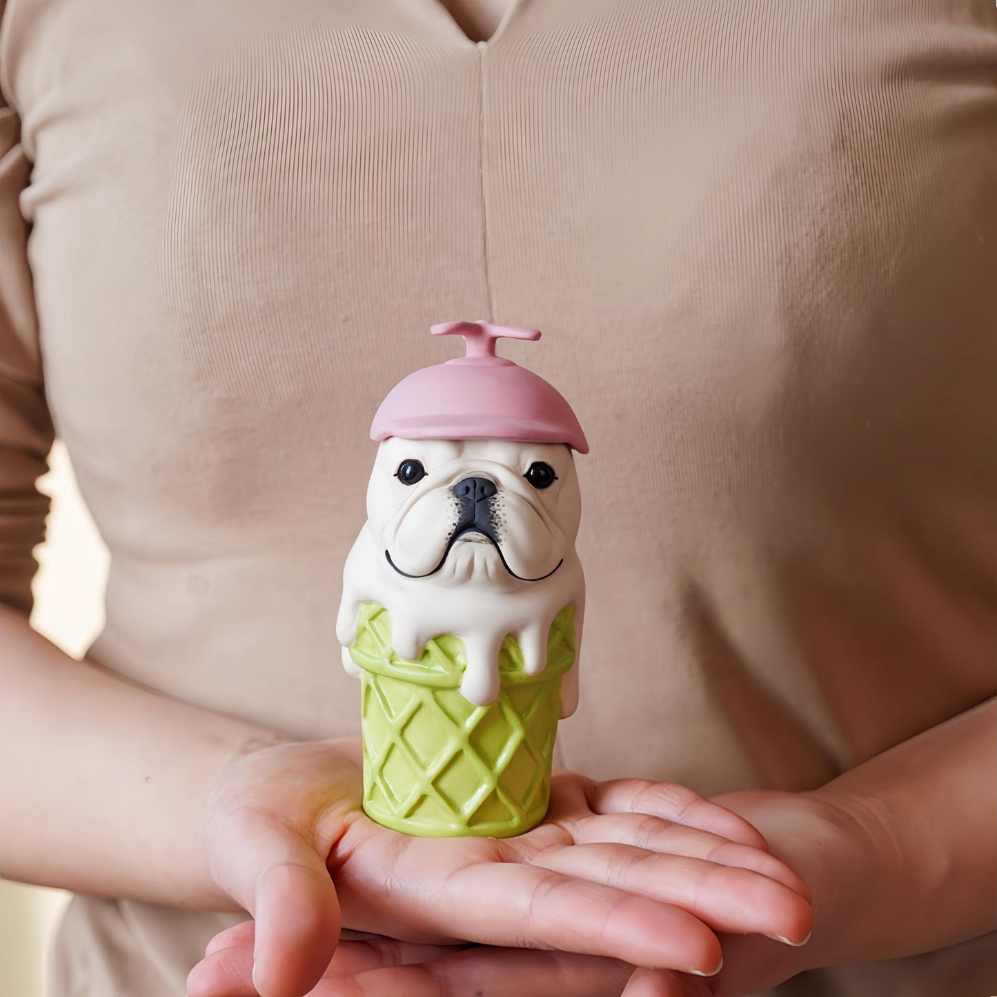 Handcrafted Ceramic Bulldog Figurine | French Bulldog Ice Cream Cone Decor | Artisan Gift for Dog Lovers | Unique Home Ornament