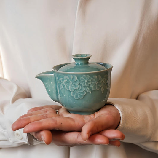 Handmade Celadon Teapot | 200ml Floral Ceramic Teapot | Artisan Tea Gift | Elegant Chinese Teapot  | Unique Tea Lover Gift