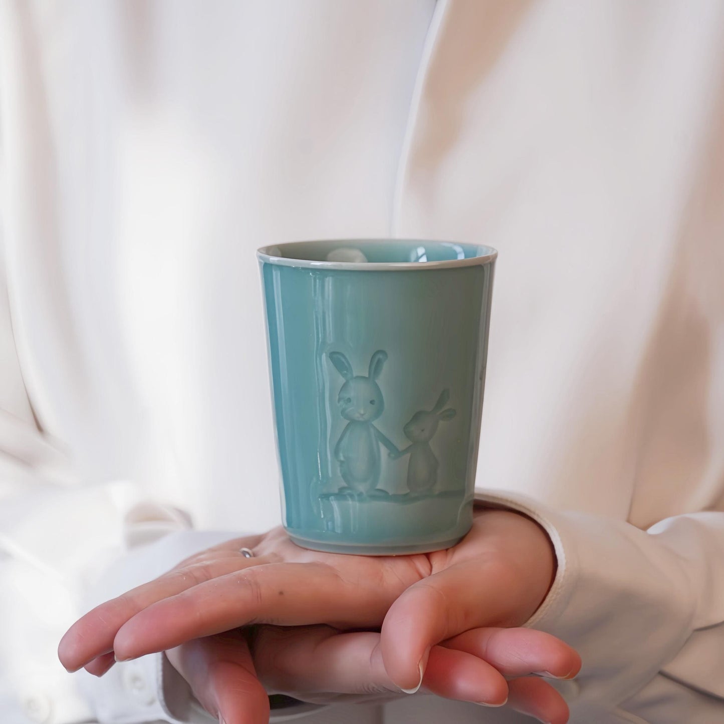 Handmade Ceramic Mug | Rabbit Engraved Tea Cup | 300ml Pottery Cup | Rustic Coffee Mug | Unique Gift for Tea Lovers |