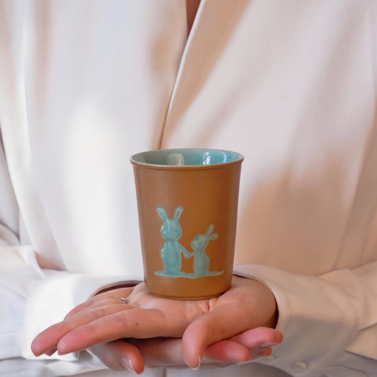 Handmade Ceramic Mug | Rabbit Engraved Tea Cup | 300ml Pottery Cup | Rustic Coffee Mug | Unique Gift for Tea Lovers |