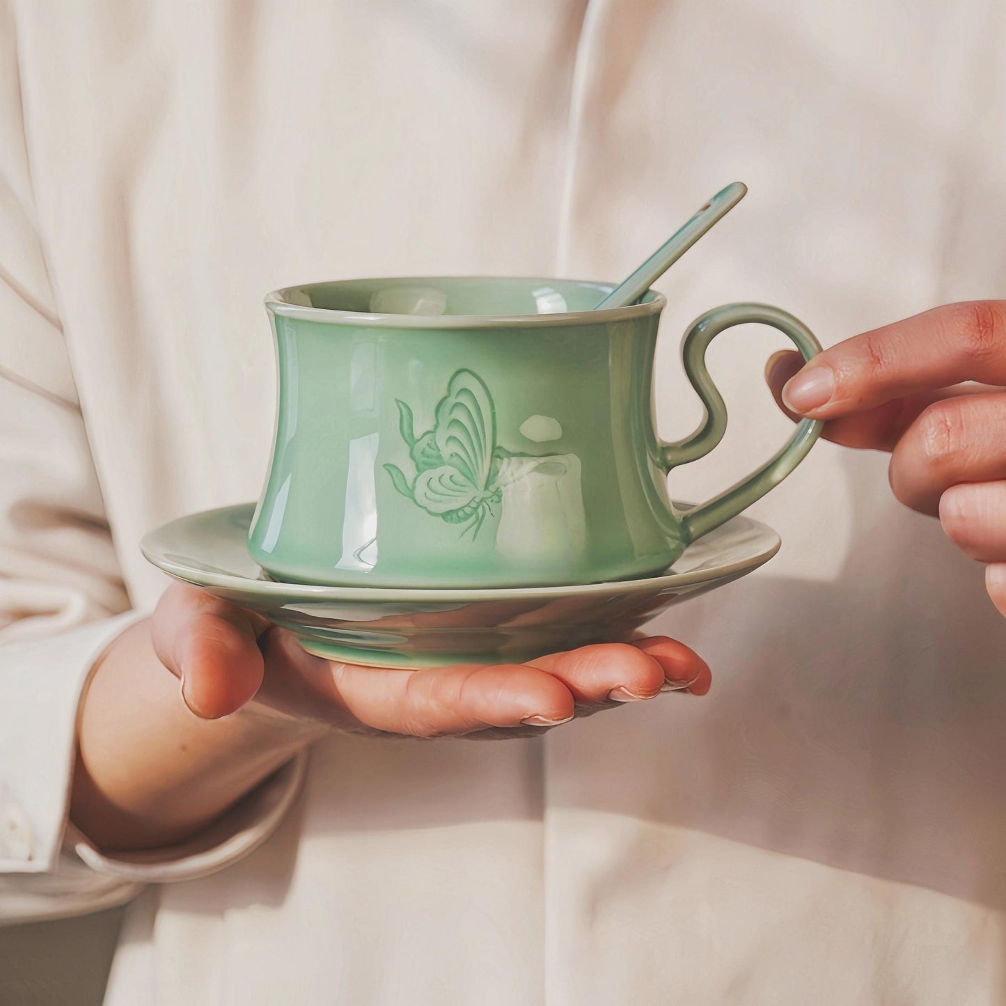 Handmade Butterfly Ceramic Coffee Cup – 300ML Personalized Longquan Celadon Mug with Saucer and Spoon, Unique Gift for Tea or Coffee Lovers