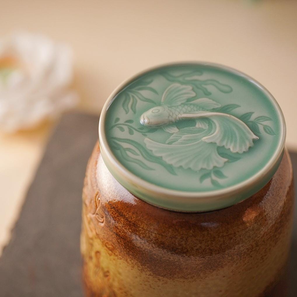Tea Jar | Handcrafted Chinese Porcelain | Fish Carving Storage Jar | 700ML Artisan Ceramic Canister | Gift for Collectors