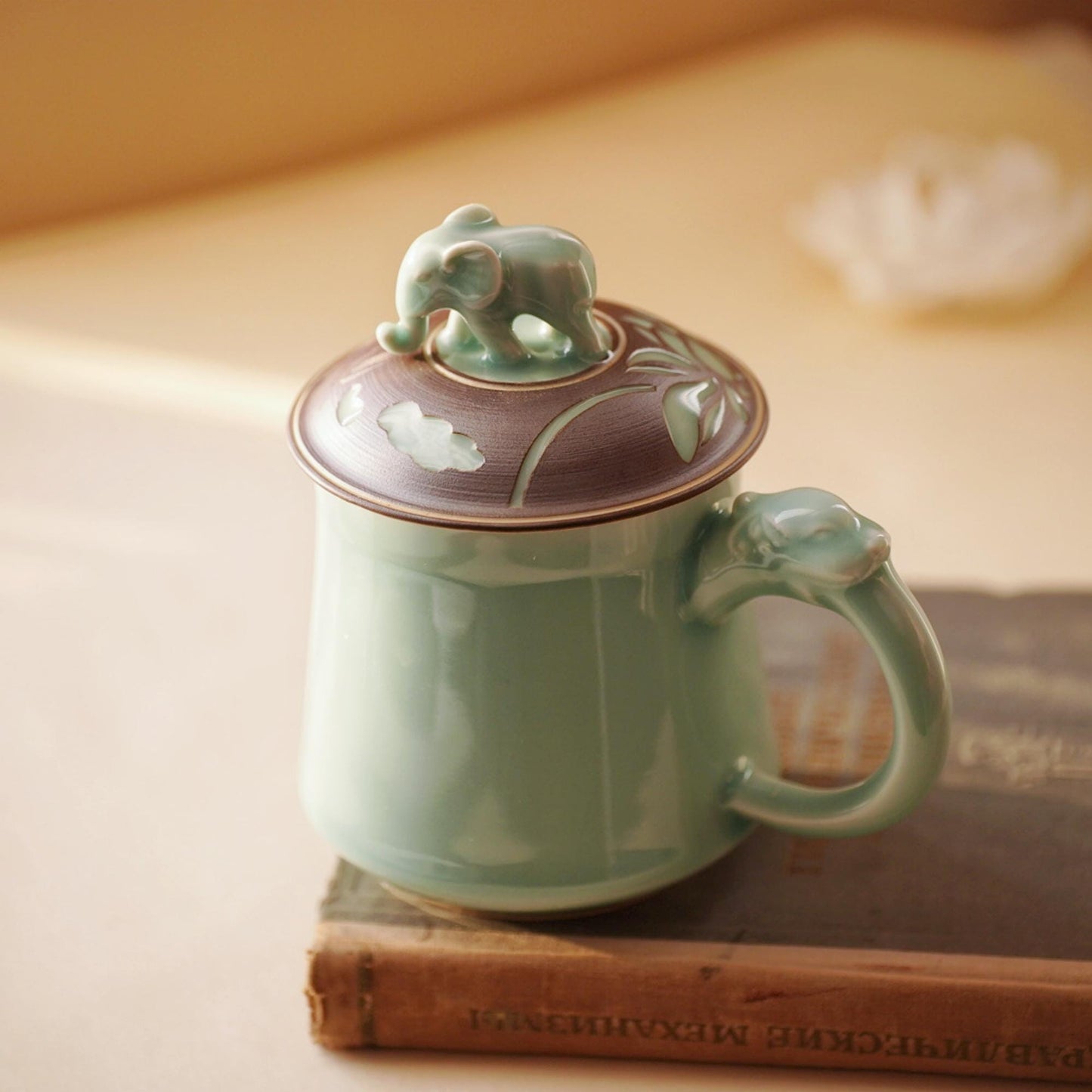 Elephant Mug |  Handcrafted Chinese Porcelain Cup | Tea Coffee Mug with Carved Elephant Lid | Unique Artisan Gift