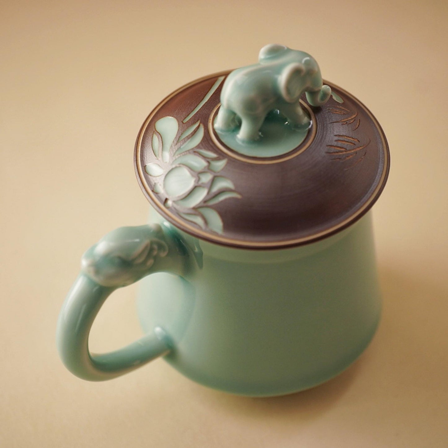 Elephant Mug |  Handcrafted Chinese Porcelain Cup | Tea Coffee Mug with Carved Elephant Lid | Unique Artisan Gift