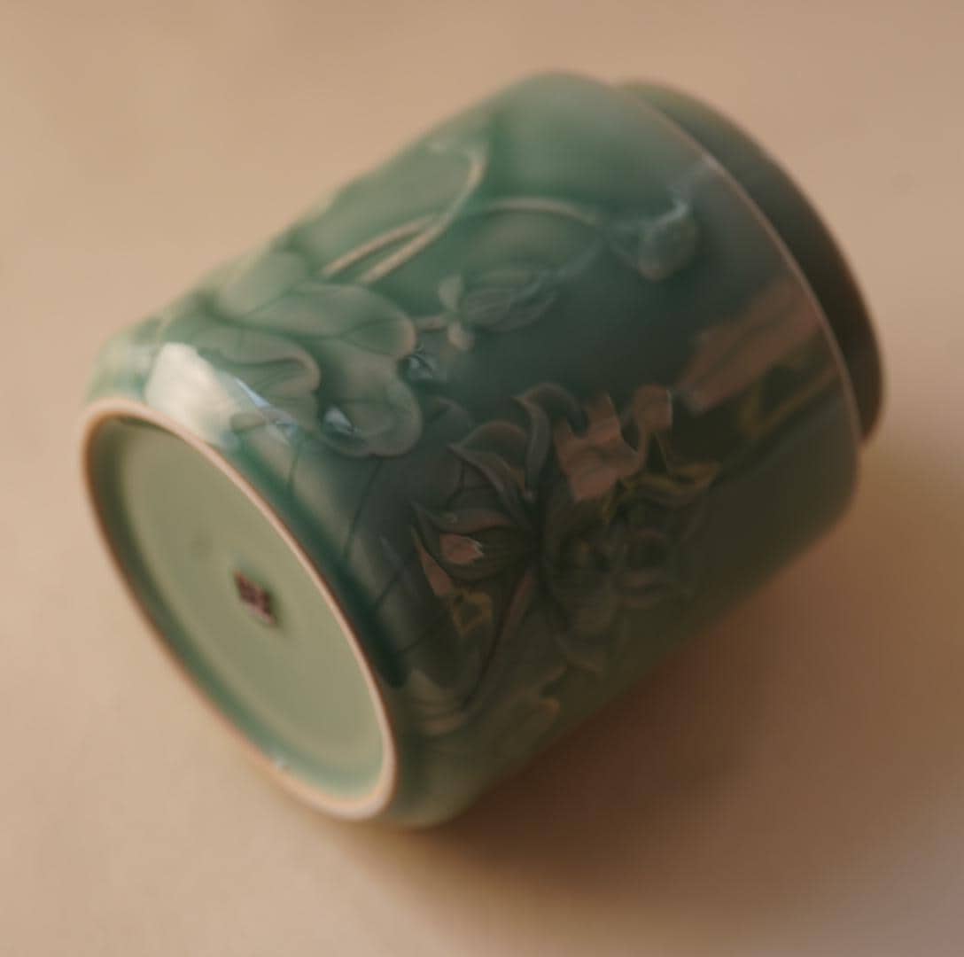 Lotus Tea Jar |  Handcrafted Chinese Porcelain Canister | Floral Carved Ceramic Jar | Artisan Gift for Tea Lovers