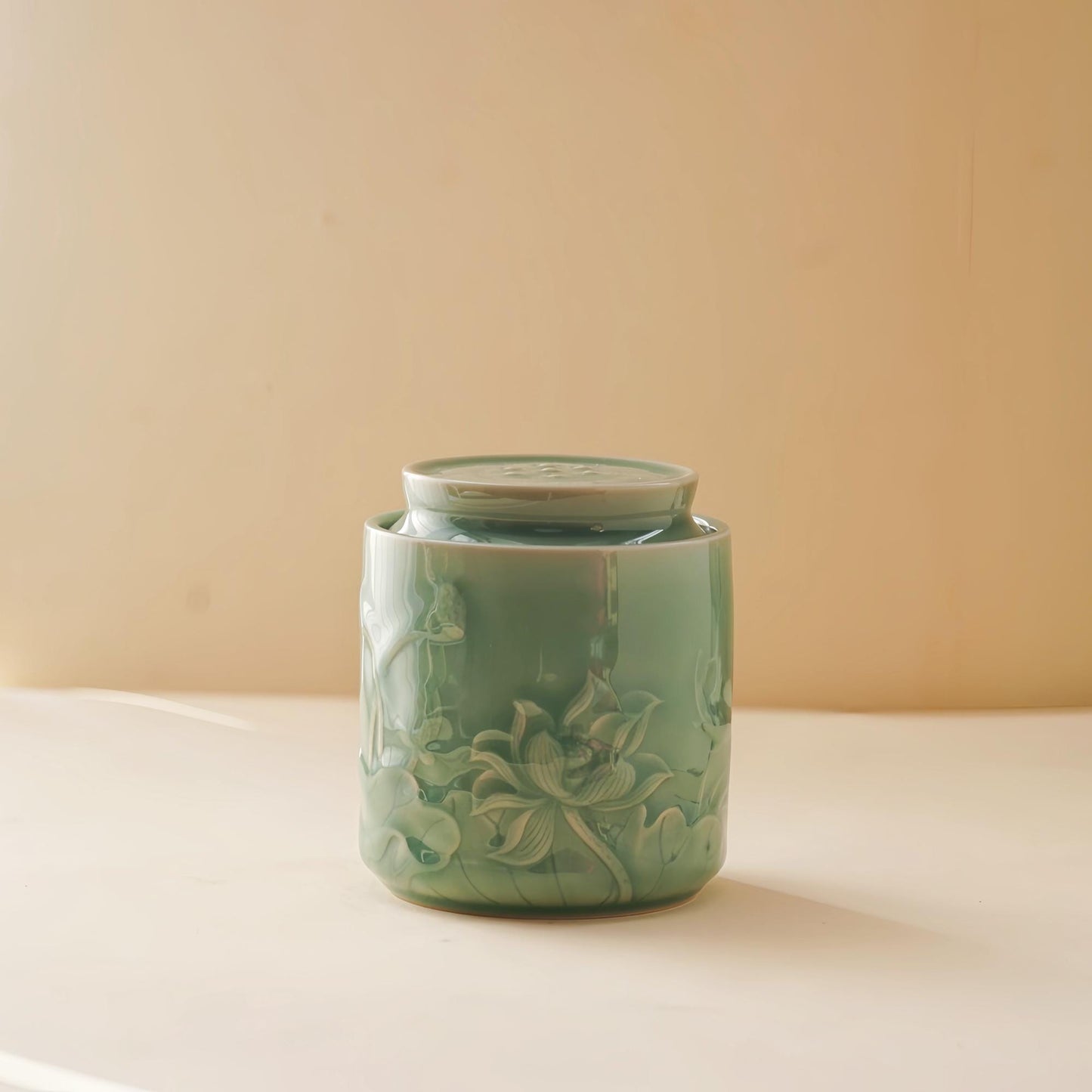 Lotus Tea Jar |  Handcrafted Chinese Porcelain Canister | Floral Carved Ceramic Jar | Artisan Gift for Tea Lovers