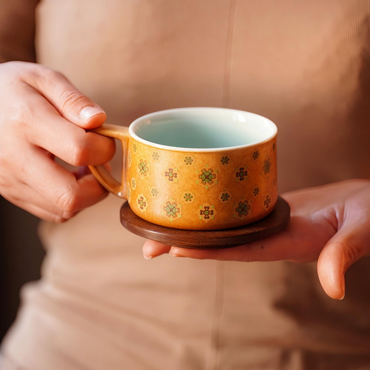Handcrafted  Coffee Cup with Walnut Saucer – 5.4oz  Green Ceramic Mug – Chinese Artisan Tea Cup – Unique Gift for Coffee Lovers