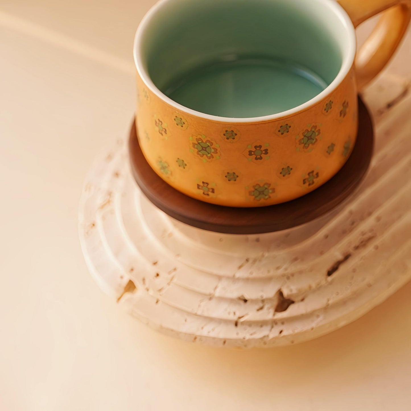 Handcrafted  Coffee Cup with Walnut Saucer – 5.4oz  Green Ceramic Mug – Chinese Artisan Tea Cup – Unique Gift for Coffee Lovers