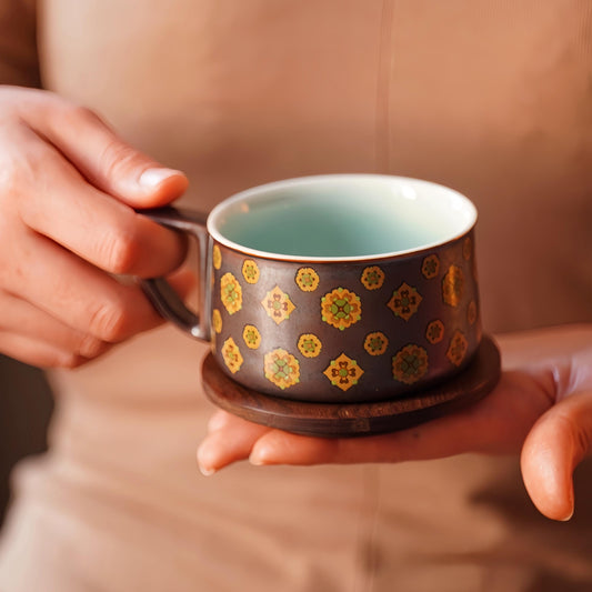 Handcrafted Ceramic Coffee Mug with Floral Pattern | 320ML Modern Rustic Tea Cup | Ceramic Mug with Wooden Coaster | Gift for Coffee Lovers