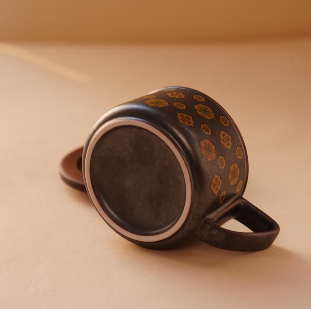 Handcrafted Ceramic Coffee Mug with Floral Pattern | 320ML Modern Rustic Tea Cup | Ceramic Mug with Wooden Coaster | Gift for Coffee Lovers