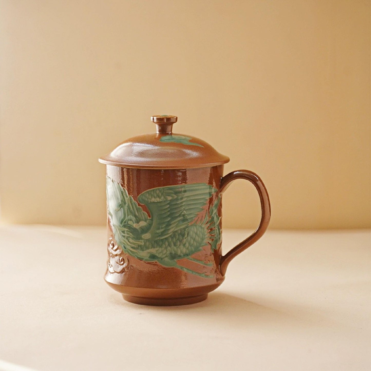 Phoenix Ceramic Mug | 10 OZ Handcrafted Longquan Celadon Cup | Chinese Porcelain Mug with Lid | Symbol of Rebirth | Unique Artisan Gift