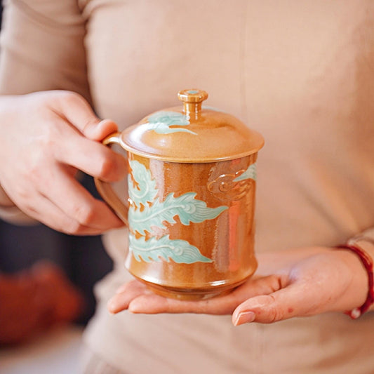 Phoenix Ceramic Mug | 10 OZ Handcrafted Longquan Celadon Cup | Chinese Porcelain Mug with Lid | Symbol of Rebirth | Unique Artisan Gift