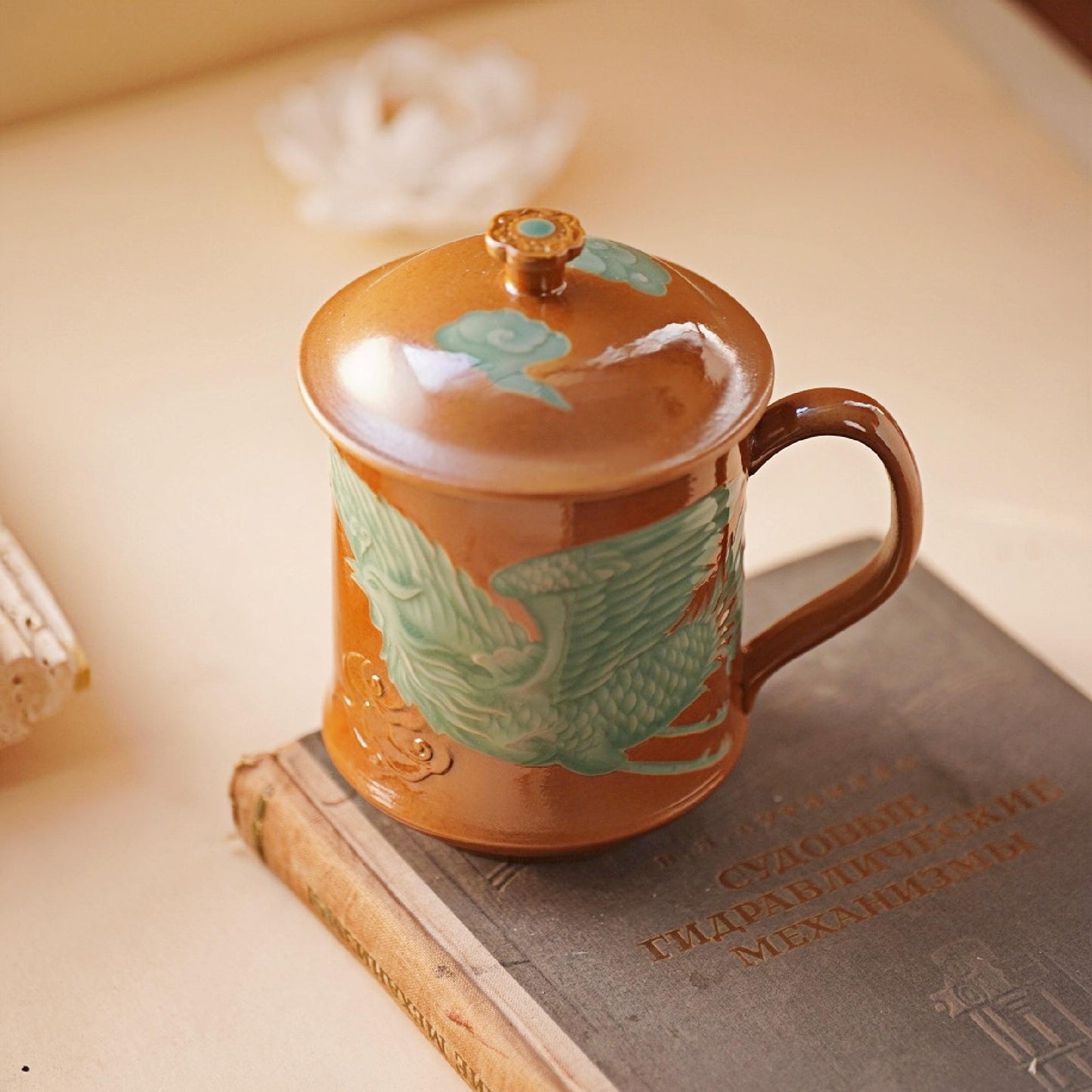 Phoenix Ceramic Mug | 10 OZ Handcrafted Longquan Celadon Cup | Chinese Porcelain Mug with Lid | Symbol of Rebirth | Unique Artisan Gift