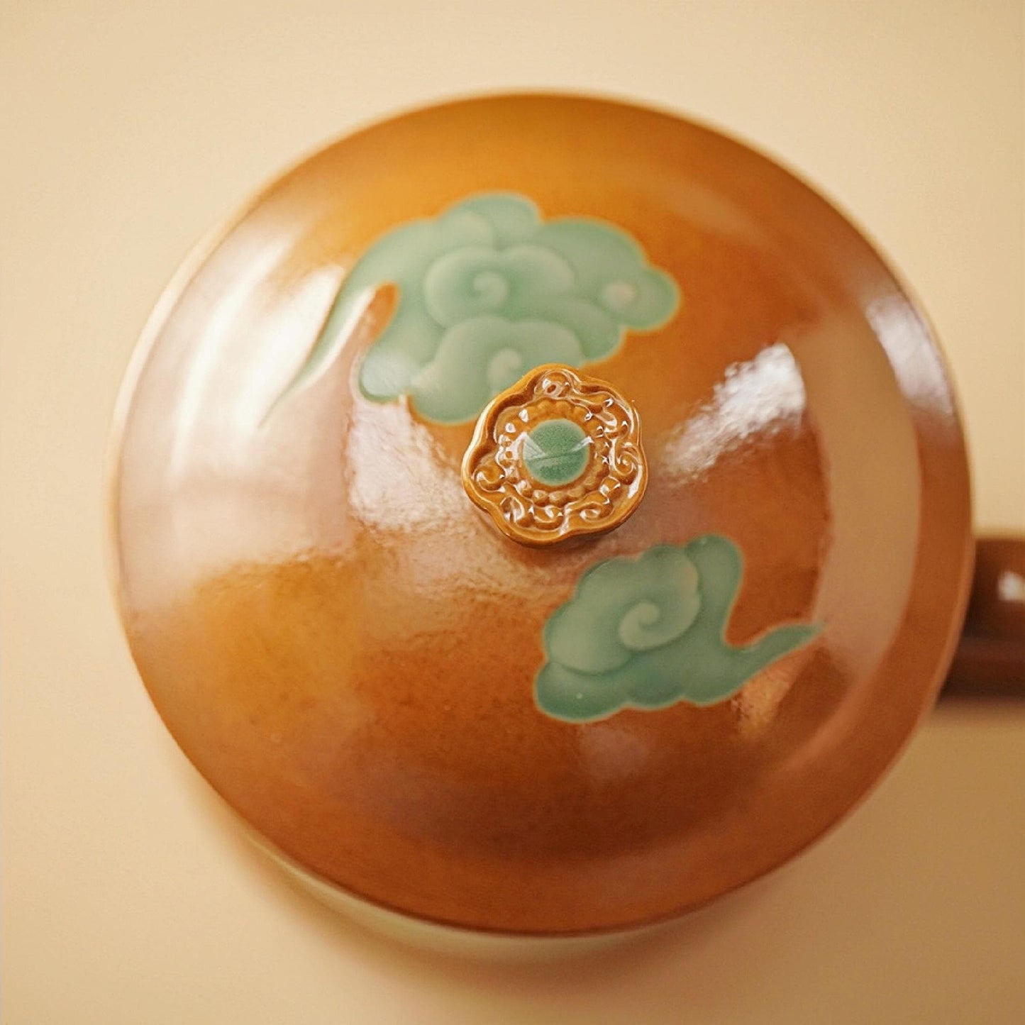 Phoenix Ceramic Mug | 10 OZ Handcrafted Longquan Celadon Cup | Chinese Porcelain Mug with Lid | Symbol of Rebirth | Unique Artisan Gift