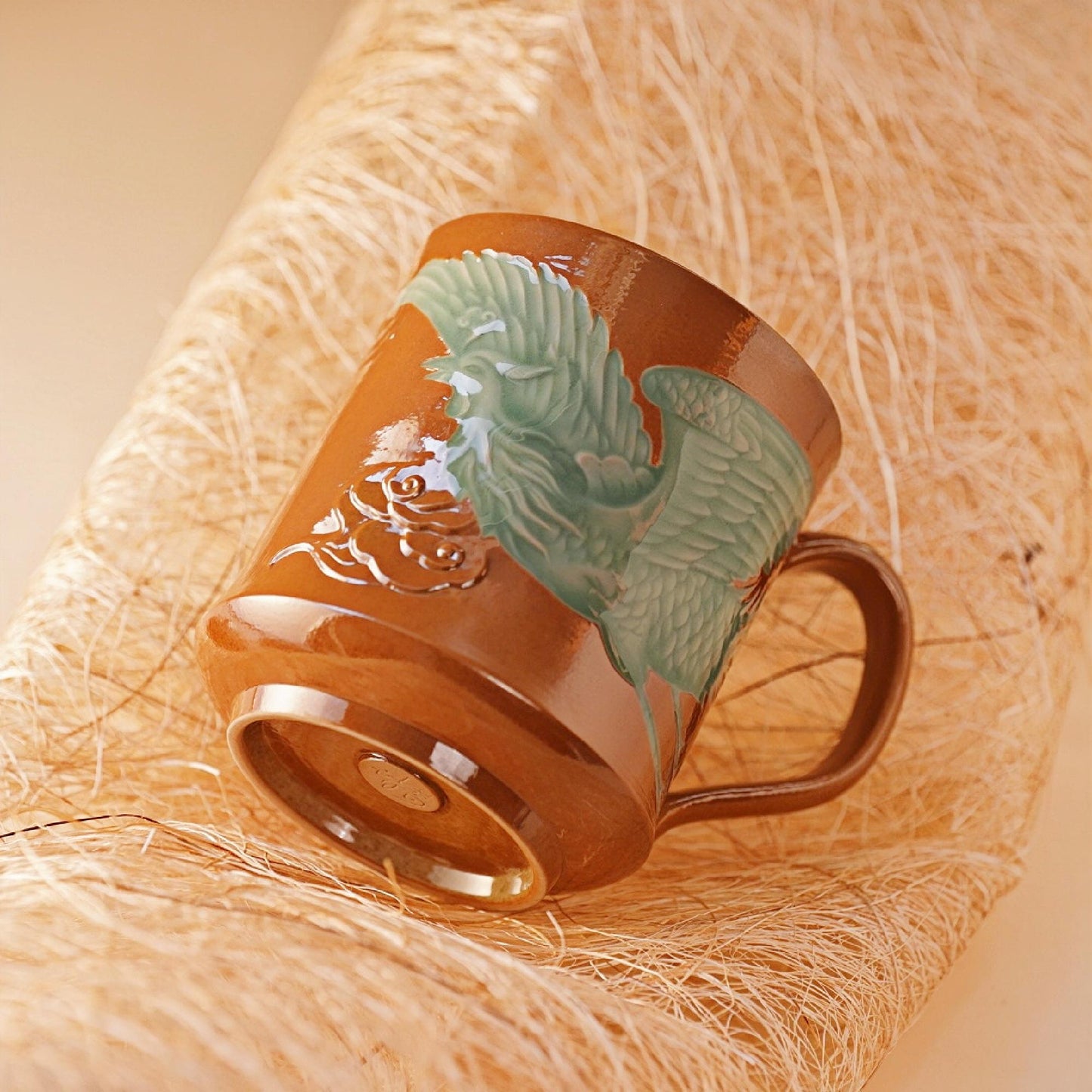 Phoenix Ceramic Mug | 10 OZ Handcrafted Longquan Celadon Cup | Chinese Porcelain Mug with Lid | Symbol of Rebirth | Unique Artisan Gift