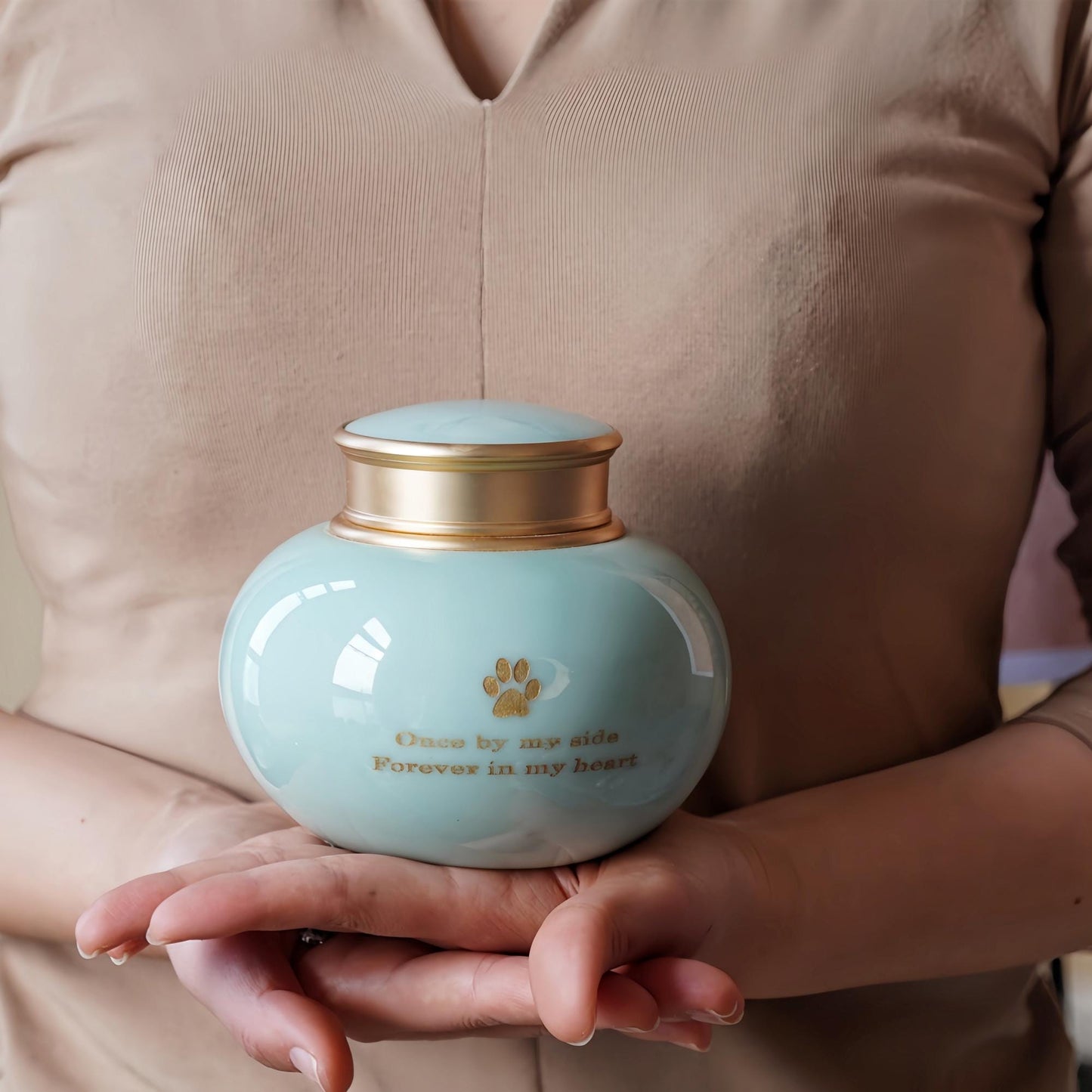 Pet Urn 750ml (25.36oz), Premium Ceramic Pet Cremation Urn with Golden Lid, Memorial Urn for Dogs and Cats, Keepsake for Ashes