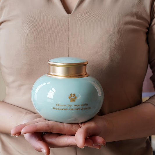 Pet Urn 750ml (25.36oz), Premium Ceramic Pet Cremation Urn with Golden Lid, Memorial Urn for Dogs and Cats, Keepsake for Ashes